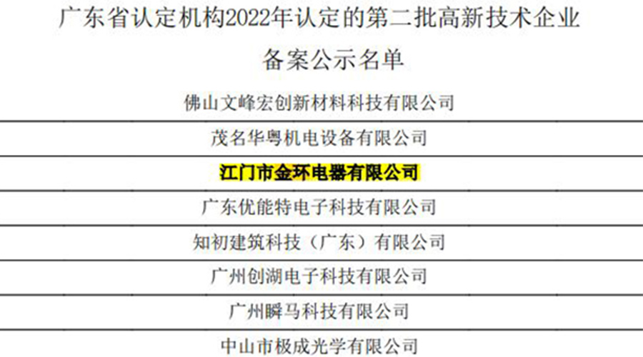 好消息！金環(huán)電器再次通過國家級“高新技術企業(yè)”認定